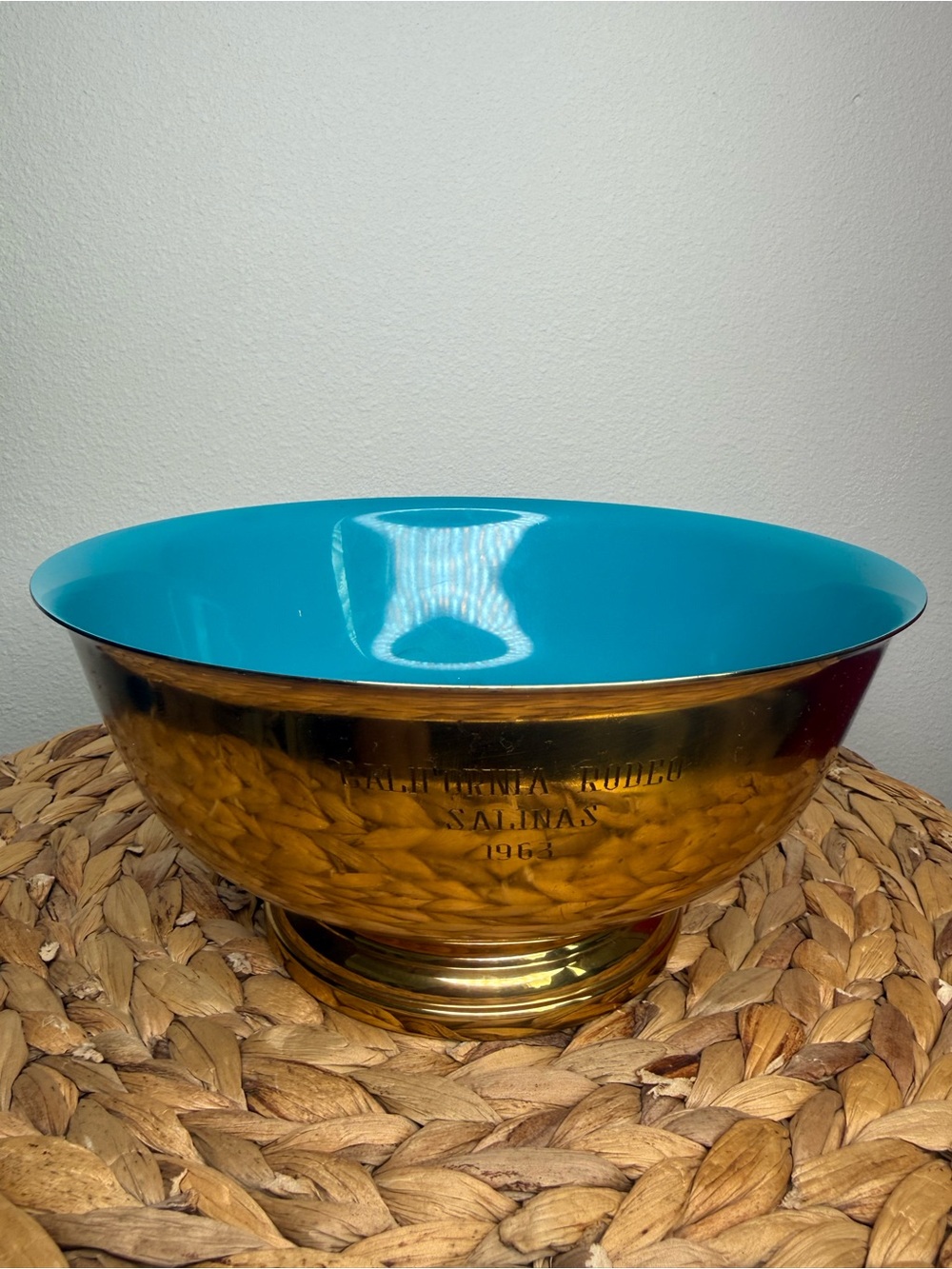 Gorham Bowl Brass Paul Revere Style Turquoise Enamel Large Round Footed Serving